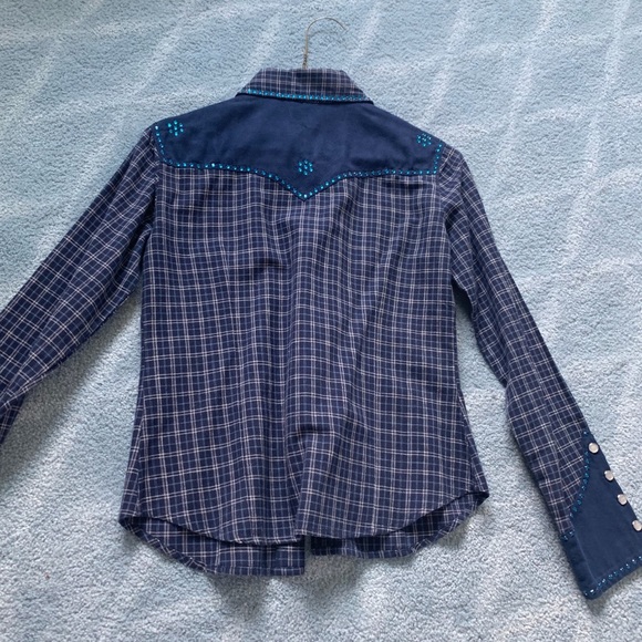 Navy plaid ls western shirt w rhinestones - Picture 2 of 3